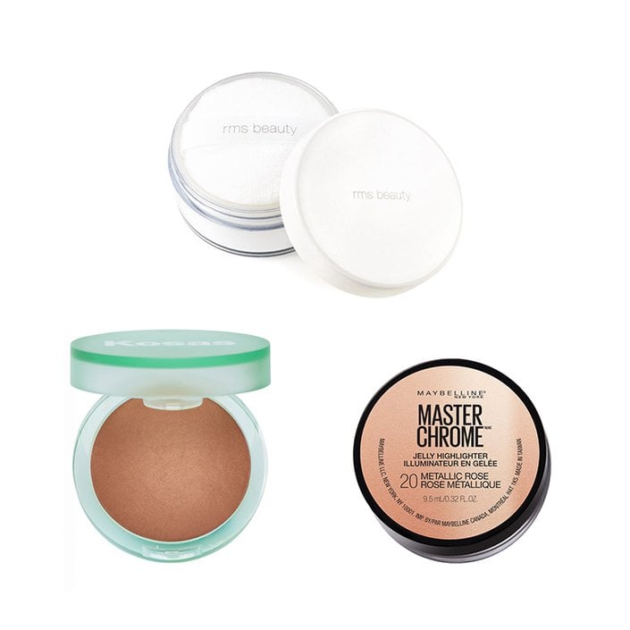 RMS Beauty “Un” Powder, KOSAS Sun Show Bronzer, Maybelline New York Masterchrome Jelly Highlighter