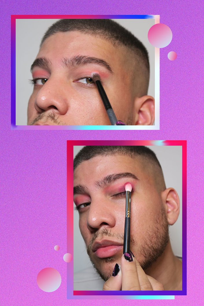 side by side images of person applying pink eyeshadow to eyelid