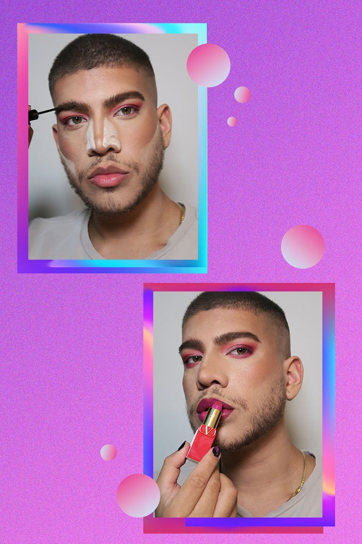 side by side images of person applying brow gel to eyebrow and person applying Valentino Beauty Rosso Valentino Lipstick in Rose Clash to lips