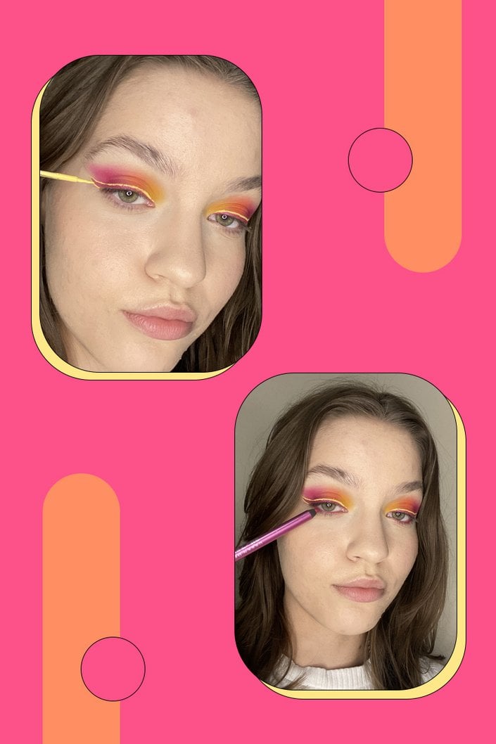 side by side image of person applying eyeliner to eyelid and person applying eyeshadow to lash line