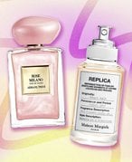 Giorgio Armani Beauty Armani/Privé Rose Milano Soie de Nacre Eau de Toilette and Maison Margiela REPLICA Beach Walk on purple and yellow graphic background