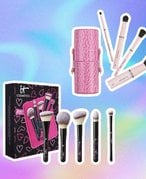 it cosmetics it's your heavenly luxe skin loving 5-piece makeup brush set and jenny patinkin luxury vegan pink travel set