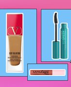 makeup products on pink and blue graphic background