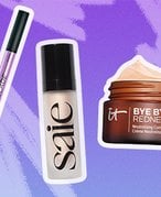 collage of editors with new makeup products