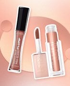 loreal paris lip gloss and maybelline lip gloss collaged onto a light pink rose gold background