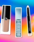Picture of the Giorgio Armani Beauty Eye Tint Long-Lasting Liquid Eyeshadow, NYX Ultimate Glow Shots Liquid Shimmery Eyeshadow and the Lancôme Ombre Hypnôse Stylo Shadow Stick on a multicolored graphic background
