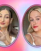 Picture of two editors wearing the YSL Beauty Rouge Volupté Candy Glaze Lip Gloss Sticks on a pink and blue gradient graphic background