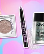 Picture of the Urban Decay 24/7 Moondust Glitter Eyeshadow, Maybelline New York Color Tattoo Eye Stix Up to 24HR Wear Shadow, Liner, Primer and the NYX Professional Makeup Face & Body Glitter on a pink and blue graphic background
