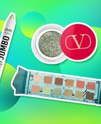 Green collage with photos of the Urban Decay Wild Greens Eyeshadow Palette, Valentino Beauty Dreamdust Glitter Eyeshadow in Emerald Queen and NYX Professional Makeup Jumbo Eye Pencil in Matcha