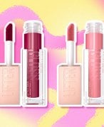 Maybelline New York Lifter Gloss in Taffy and Maybelline New York Lifter Gloss in Gummy Bear collaged on a pink and yellow graphic background