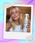 Photo of editor with long blonde hair holding the Redken Acidic Bonding Concentrate Liquid Conditioner, collaged on a pastel tie-dye background