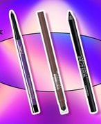 YSL Beauty Crushliner, Maybelline New York Tattoo Studio Smokey Gel Pencil and Urban Decay 24/7 Glide-On Waterproof Eyeliner Pencil collaged on a purple tie-dye background