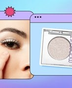 collage of person wearing white eyeshadow and white eyeshadow product on a blue and purple background