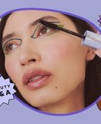 Photo of person with blue and green graphic eyeliner applying mascara, collaged on a purple background with the Beauty Q&A logo