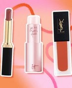 L’Oréal paris, IT cosmetics and YSL lip contour products on a pink swirl background