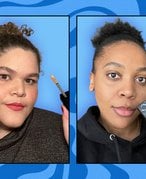 Photos of two editors wearing and holding up the YSL Beauty All Hours Creaseless Precise Angles Concealer, collaged on a blue graphic background