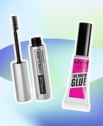 Maybelline New York Express Brow Fast Sculpt Clear Brow Gel and NYX Professional Makeup The Brow Glue Instant Brow Styler collaged on a blue and green graphic background