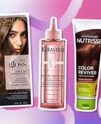 Collage of glosses for dark hair on a pink and purple graphic background