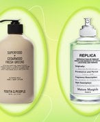 Youth To The People Superfood Hand + Body Lotion and Maison Margiela Replica Matcha Meditation collaged on a green background