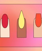 illustration of fingers with painted nails in various nail shapes, on a pink and orange graphic background