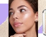 Close-up of a person in profile looking to the side of the camera with their hair pulled back and three dots of highlighter on their cheeks not blended in